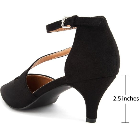 Women's Black Suede2 Polyurethane Pointed Toe Cross Strap Low Kitten Heel Pumps - Picture 6 of 7
